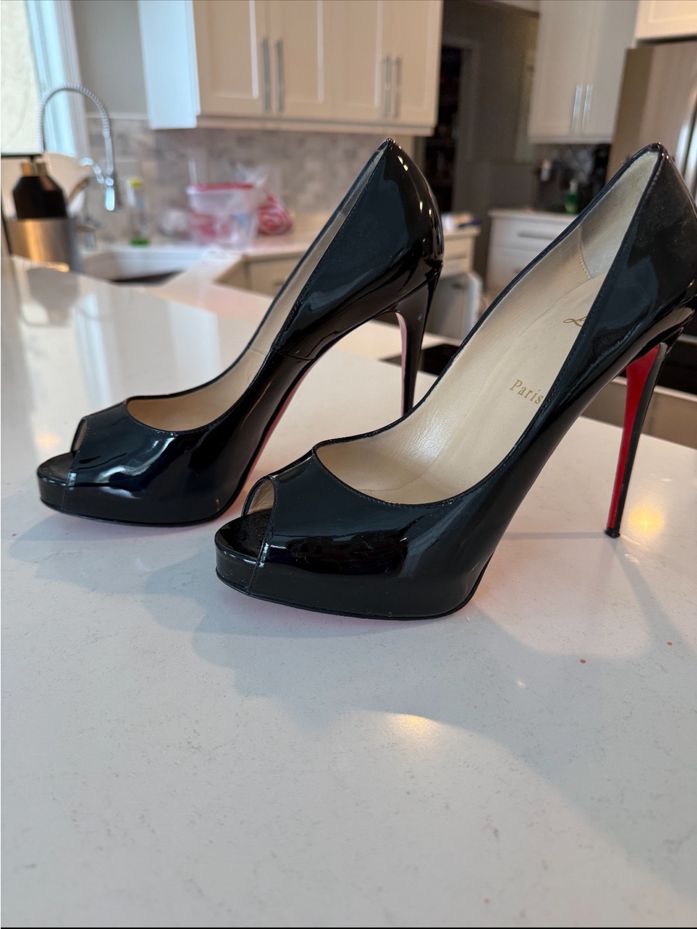 Christian Louboutin Black Patent Peep-Toe Stiletto Heels with Red Soles